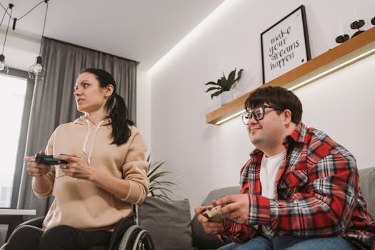 Adults enjoying a fun gaming session indoors, promoting inclusion and diversity.