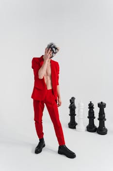 Chic fashion meets strategy as a man in a red suit poses next to oversized chess pieces.