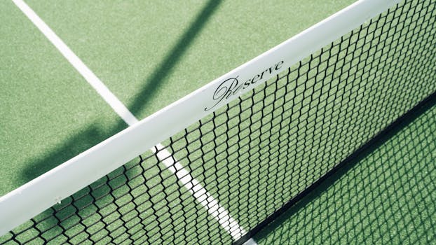 Close-up of a tennis net on a green court with 'Reserve' label casting a shadow.