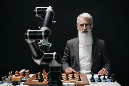 Elderly man in suit competes against a robotic arm in an intense chess game.