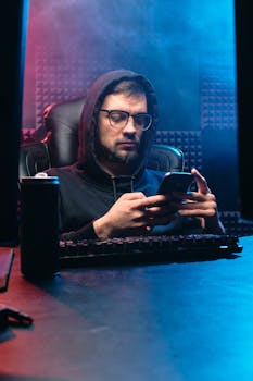 Man in dark office using smartphone, embodying cyber and tech themes.