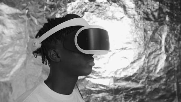 Side view of person wearing virtual reality headset in monochrome setting.