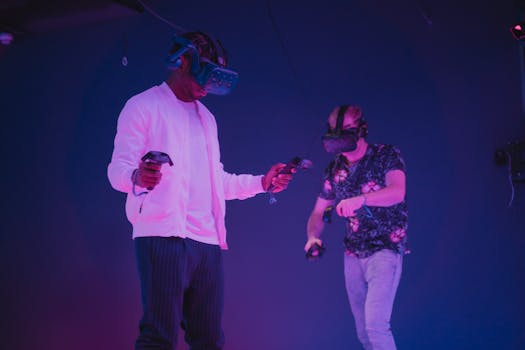 Two men wearing VR headsets and controllers immersed in a virtual reality gaming environment.