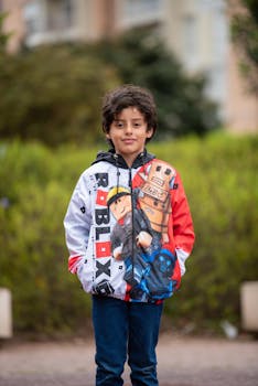 A happy child smiling while wearing a colorful Roblox hoodie, posing outdoors in a natural setting.